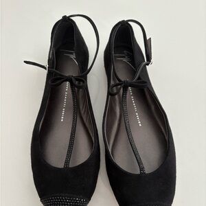 GIUSEPPE ZANOTTI Black Suede Crystal T-Strap Ballet Flats 37.5 – Rare